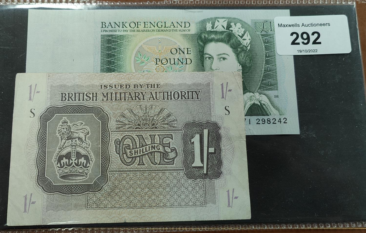 GB Banknotes, British Military one shilling note, Samuelson £1 W Reverse