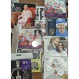 GB: QEII: a commemorative coin/stamp cover and 8 Royal commemorative £5 coins in Royal Mint packs