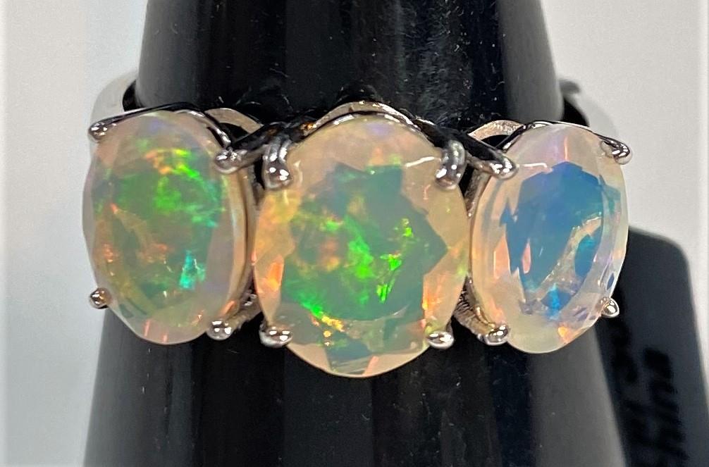 A 9 carat white gold dress ring set 3 oval Kelayi opals, total opal weight 2.73 carats, size N/O; - Image 6 of 8