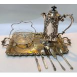 A silver plated hot water pot with monogram, a plated tray etc
