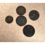 Five early gaming tokens in the manner of hammered coins