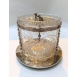 A late 19th/early 20th century etched glass and silver plated military related biscuit barrel,