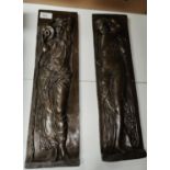 A pair of bronze plaques in the classical manner with two women carrying water in relief