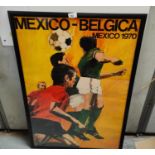 A Mexico 1970 World Cup Mexico - Belgica poster, players heading the ball on yellow background, 57 x