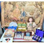 A wall hanging machine made tapestry; a selection of collectables:  plates; souvenir spoons; boxed