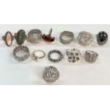 Two hallmarked silver dress rings; 12 others, diamante; etc.