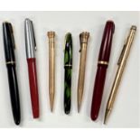 Two Parker fountain pens; 2 others; 3 gilt metal propelling pencils