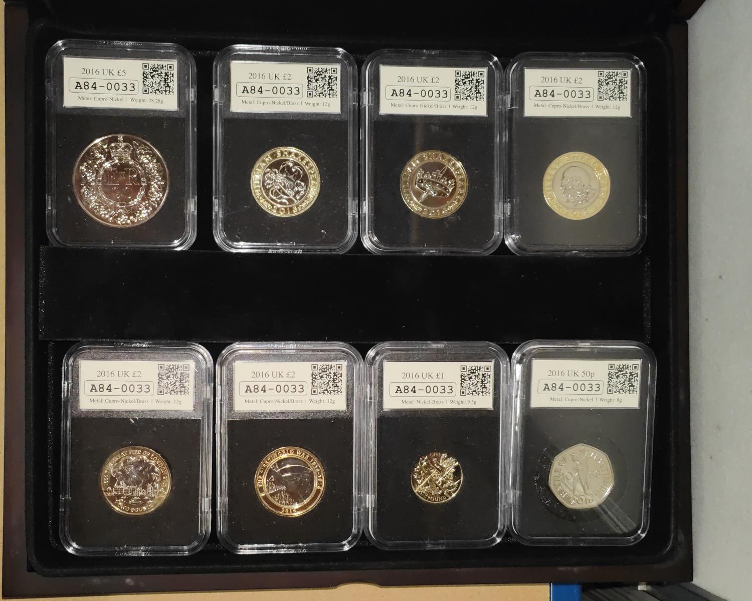 GB: a 2016 Date stamp collection of 8 £2 coins, cased