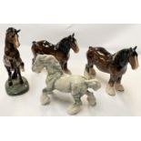 Two Beswick Shire Horses, one Beswick Rearing Horse 1014 & another