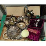 A three piece silver plated tea service, boxed; silver plate cutlery etc.