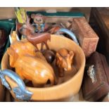 Two woven picnic baskets and a selection of carved wooden animals, boxes etc