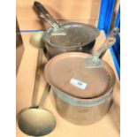 A selection of copper pans, brass ware, copper warming pan etc