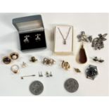 A selection of costume brooches and other similar items
