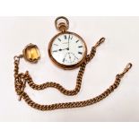 A Tomas Russell of Liverpool half hunter gilt cased pocket watch on yellow metal chain stamped 9c