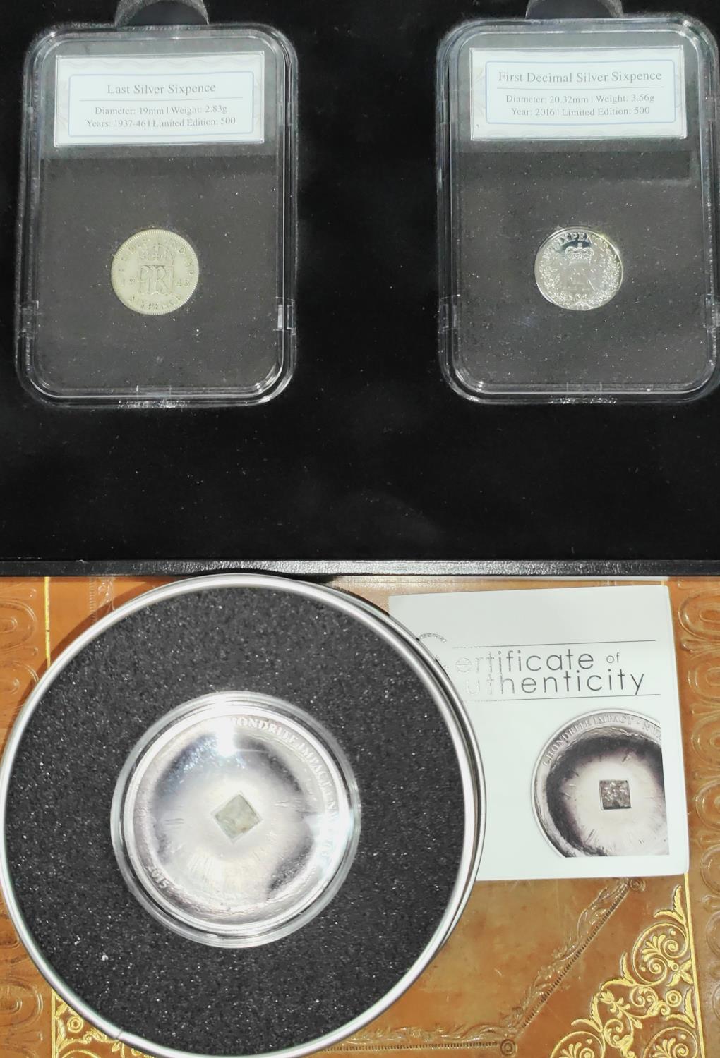 COOK ISLANDS: $5 Chondrite Impact silver coin, a silver sixpence pair, cased and Landmarks of the