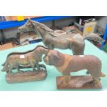 A painted bronze figure of a St. Bernard, signed and dated 1996, 27cm, a pair of brass fire