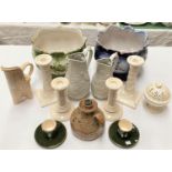 Two pairs of Royal Creamware candlesticks, other Creamware etc and 2 jardinieres