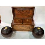A walnut domed 2 section tea caddy and 2 bowls