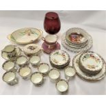 A Diamond part tea service with decoration of birds etc; a cabinet trio of cups and saucers,