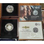 GB: QEII: Two commemorative £20 silver coins, two silver proof crowns