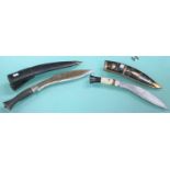 2 mid 20th century Kukris, one in inlaid scabbard, one in leather
