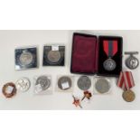 Two WWI service medals, Russian "Tall Ships" medals and medallions; various crowns; etc.