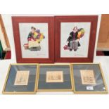 Tree framed etchings and two framed Royal Doulton needle works.