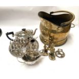 A silver plated 3 piece tea service; other silver plate; a brass coal scuttle and brassware