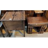 A 1930's stained wood sewing box; a magazine rack; 3 stools