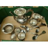 A silver plated 3 piece tea service, silver plated ladle and other silver plated spoons etc