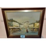 An oil on canvas of a continental street scene, signed: G Wood, framed; oil painting of a woodland