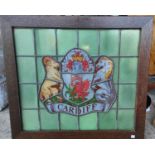 An oak framed leaded stained glass crest of Cardiff Crest 50 x 57cm.