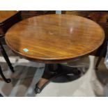 An early 19th mahogany supper table with circular tilt top, on octagonal column and trefoil base