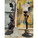 A cherub lamp with frosted glass shade and an Art Deco style lamp with frosted glass shade