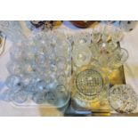 A set of 7 leaded cut glass Champagne glasses, 6 Brandy glasses, other leaded cut glass etc; a glass