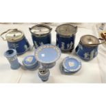 Four Wedgwood/other blue jasperware biscuit barrels; other Jasperware