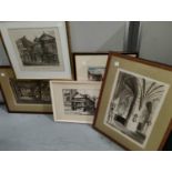 Chester:  19th century lithograph, Watergate Street, Chester, 20 x 18cm; 8 other old prints of local