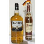 A bottle of Teachers whisky, 40% vol,; a bottle of Asbach Uralt German brandy, 38% vol