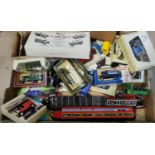 Two wooden pained Canal Barge models and a selection of boxed and loose diecast vehicles.