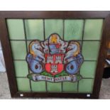 An oak framed leaded stained glass crest of Newcastle 50 x 53cm