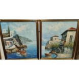 E. Zporos, pair of oil on canvass of Greek harbour scenes with vista in the background, gilt framed,