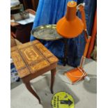An Italian Sorrento occasional lidded table, a vintage 1970's bright orange angle poise lamp and a