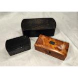 A tortoise shell hinged miniature box and two papier mache boxes.