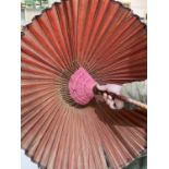 A vintage Asian wood and cloth sunshade/umbrella