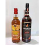 A litre bottle of Captain  Morgan Jamaica rum, 73% vol; a 70cl bottle of Mount Gay Barbados