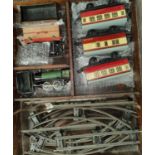 A vintage clockwork tin plate train in wooden box with accessories.