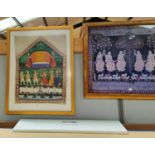 Indo-Persian school, sheep & female figures dancing, watercolour on silk & a sample print, both