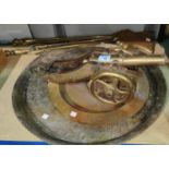 A large scratch built brass cannon with brass wheels etc, length 50cm; a brass companion set and