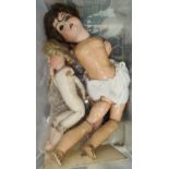 An Armand Marseille china head and shoulders doll with kidskin body, 45cm (arms off) and another