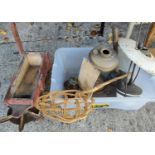 A vintage agricultural seeder and a selection of various metal ware etc. + a copper coal scuttle.